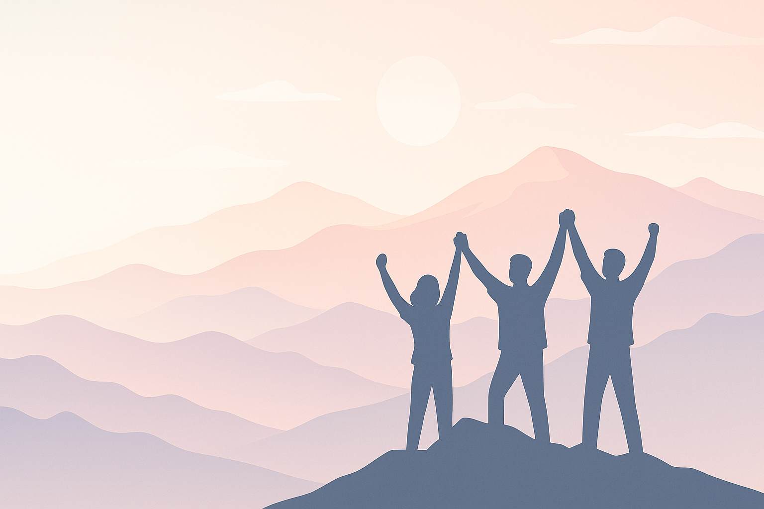 Silhouettes of people celebrating success on a mountain